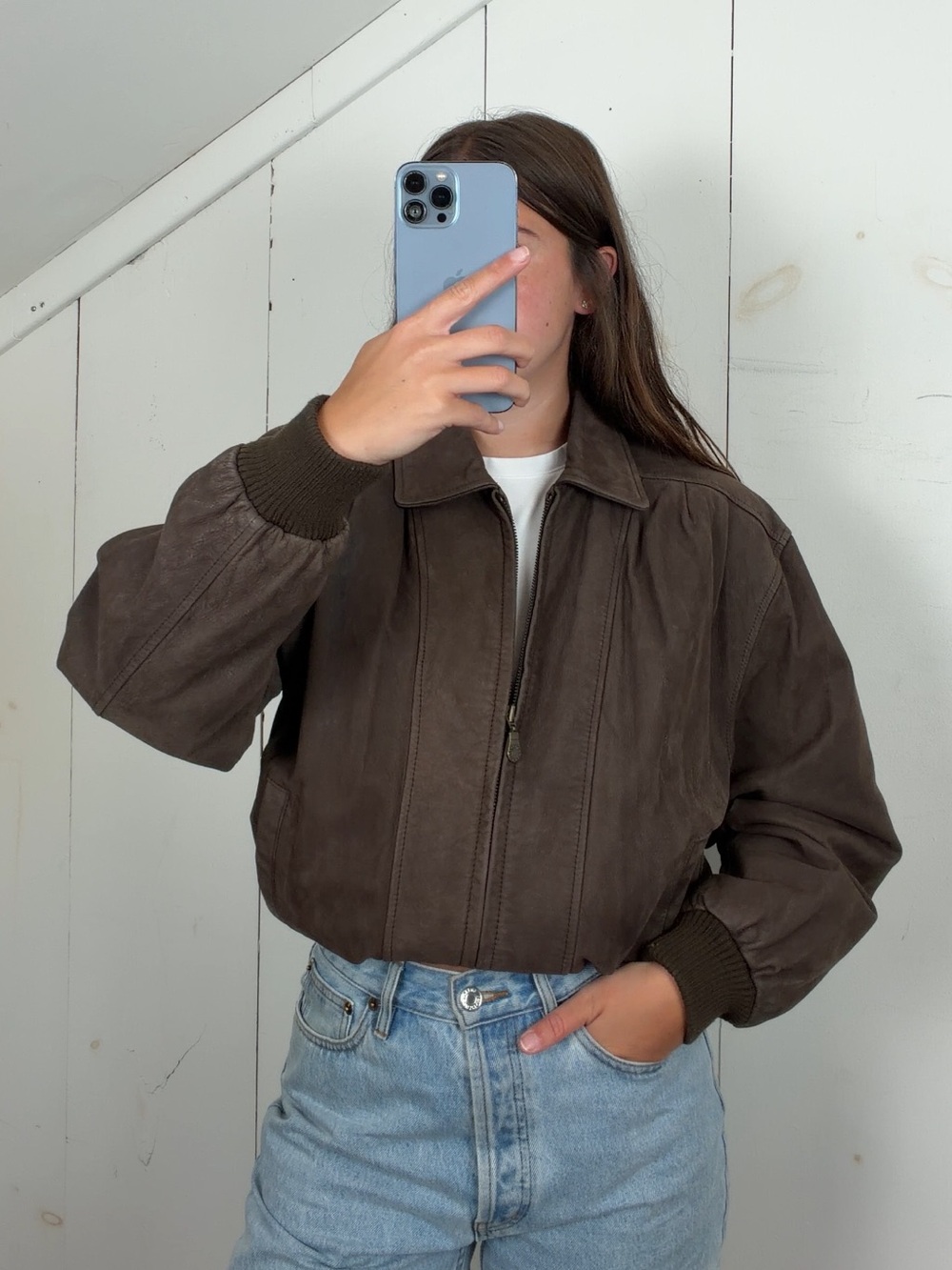Vintage Brown Genuine Leather Bomber Jacket Men’s Medium Ribbed Knitted Trim Y2K